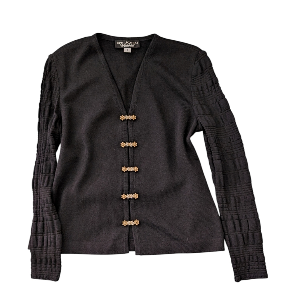 Vintage Y2K St. John Marie Gray Knit Black Cardigan with Gold Flower Closures